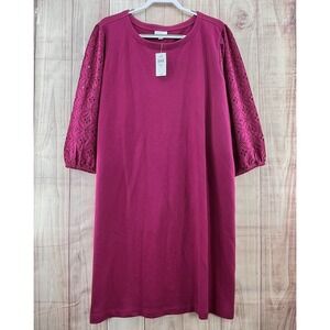 NWT J.Jill Women's Knit & Eyelet Dress 3/4 Sleeves Sz 3XL Berry Fizz Knee Length